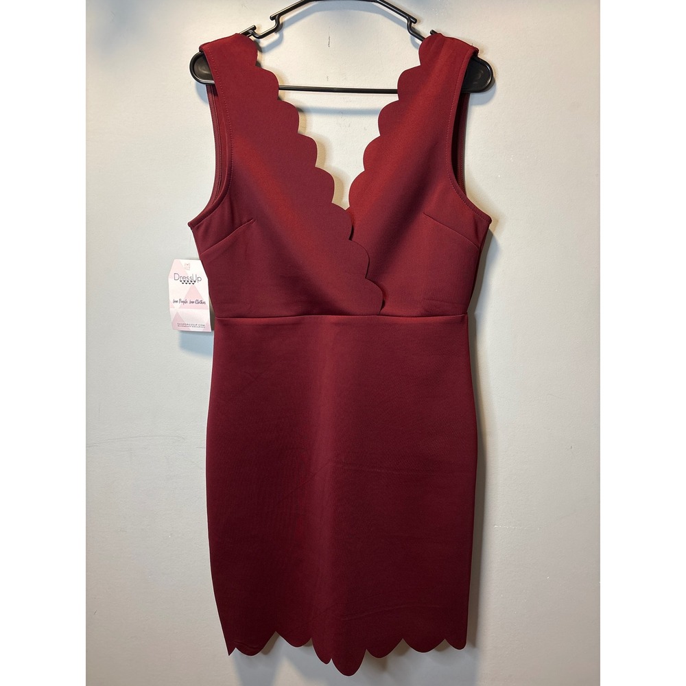 She + Sky Burgundy Scalloped V-Neck Bodycon Dress Wine Large